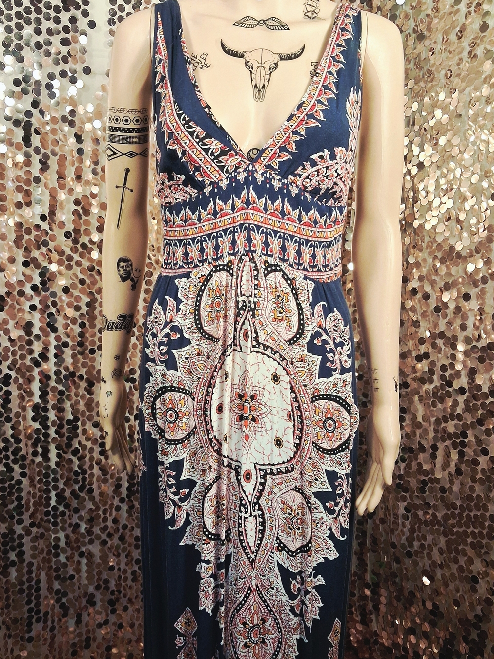 Akualani Navy Boho Maxi Dress with Mosaic Medallion Print